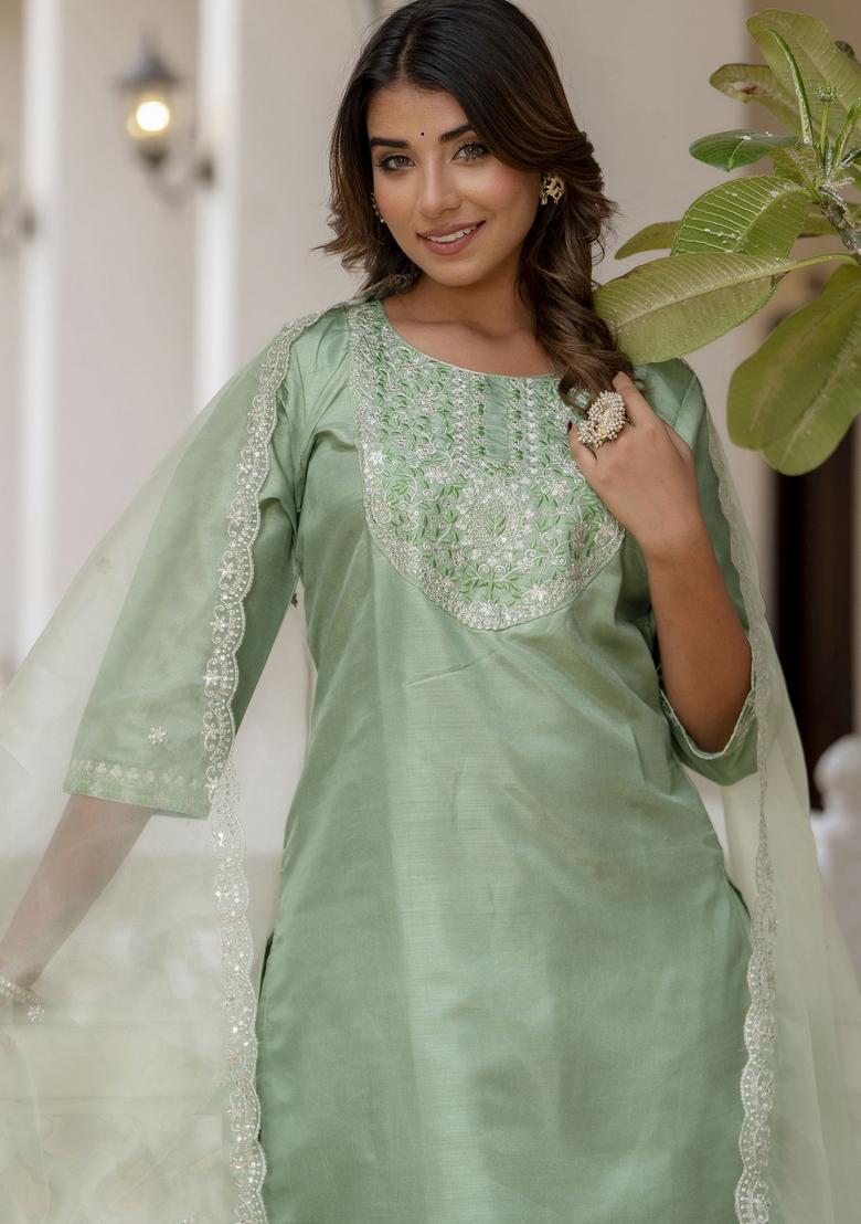 Pista Green Embroidered Silk Blend Salwar Kameez With Dupatta