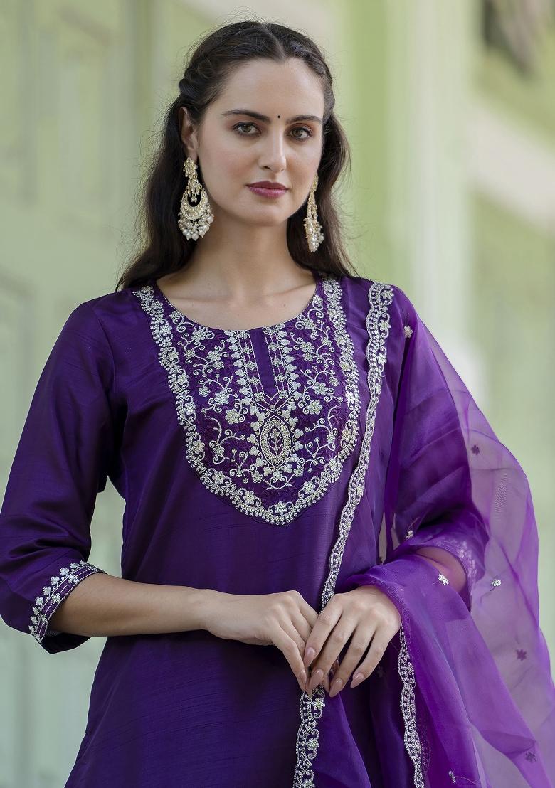 Purple Embroidered Silk Blend Salwar Kameez With Dupatta