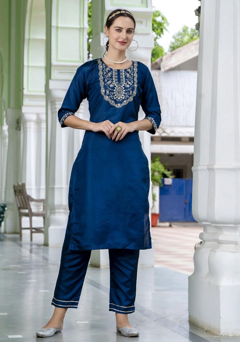 Blue Embroidered Silk Blend Salwar Kameez With Dupatta