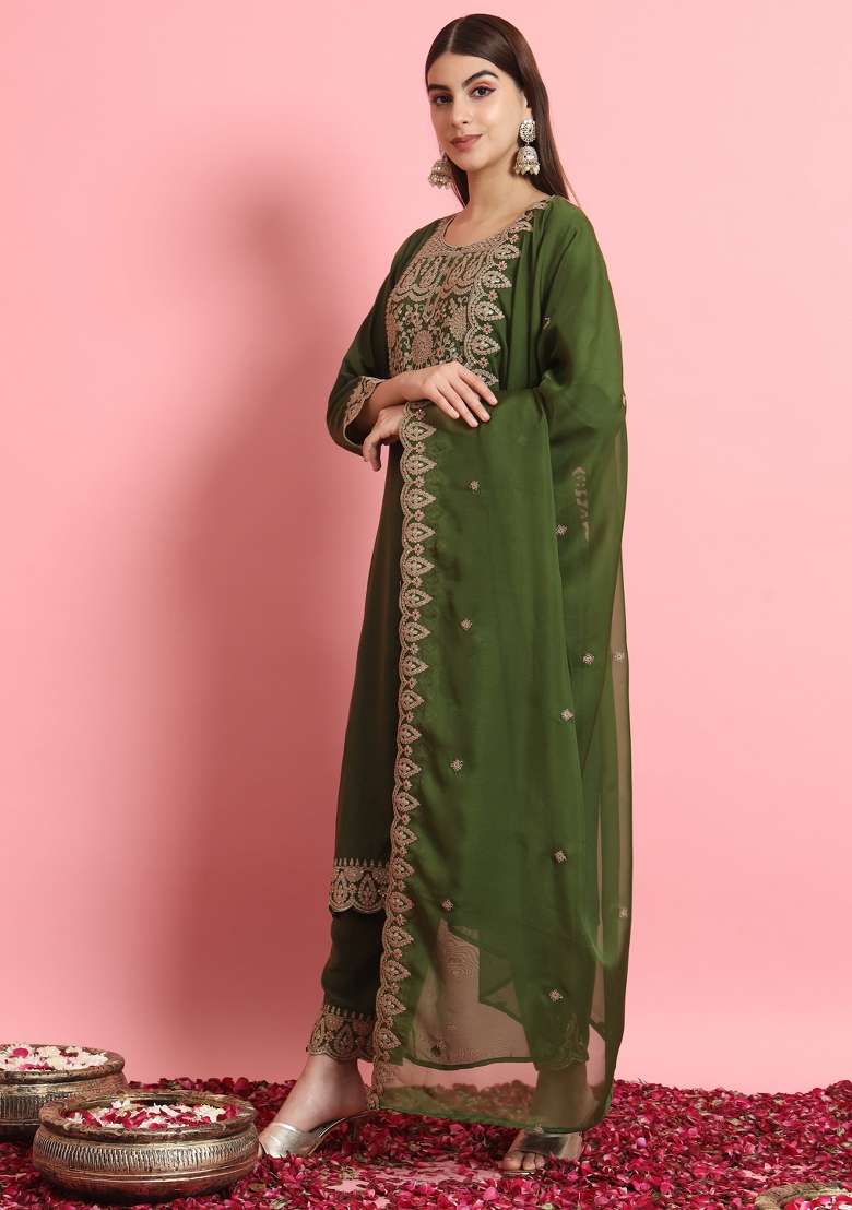 Green Embroidered Blended Straight Kurta Set - Indya