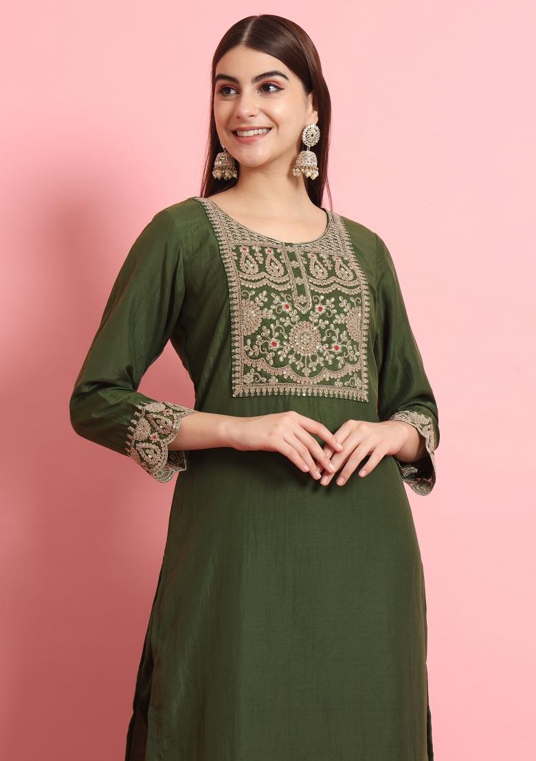 Green Embroidered Silk Blend Salwar Kameez With Dupatta