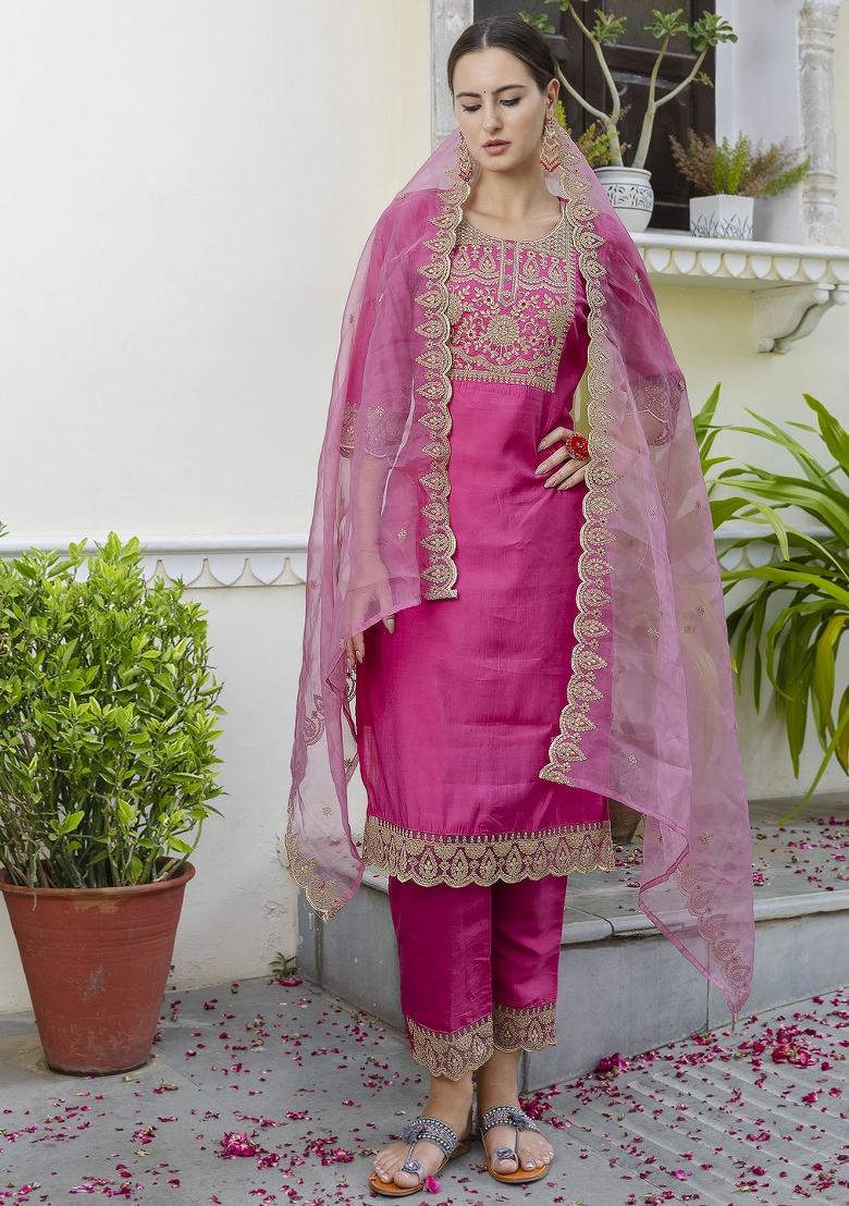 Pink Embroidered Silk Blend Salwar Kameez With Dupatta
