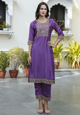 Purple Embroidered Silk Blend Salwar Kameez With Dupatta