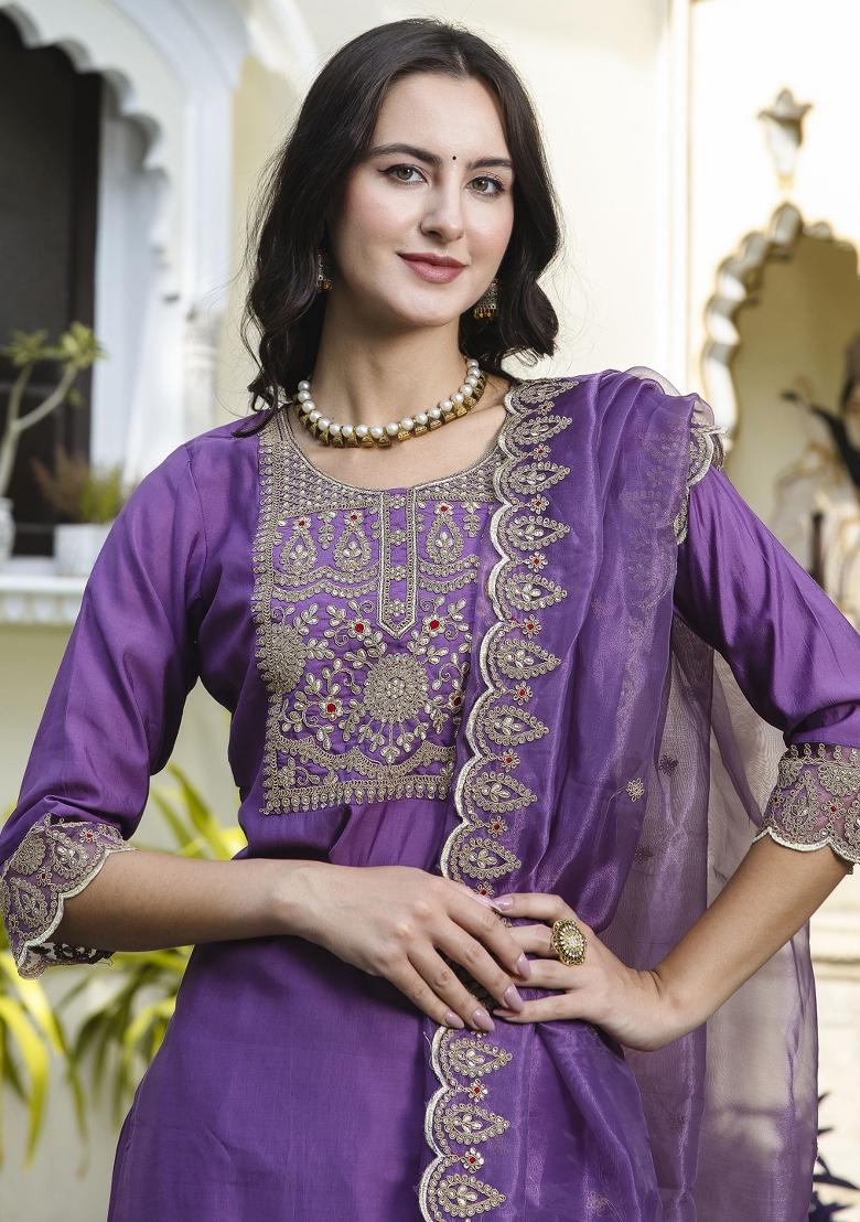 Purple Embroidered Silk Blend Salwar Kameez With Dupatta
