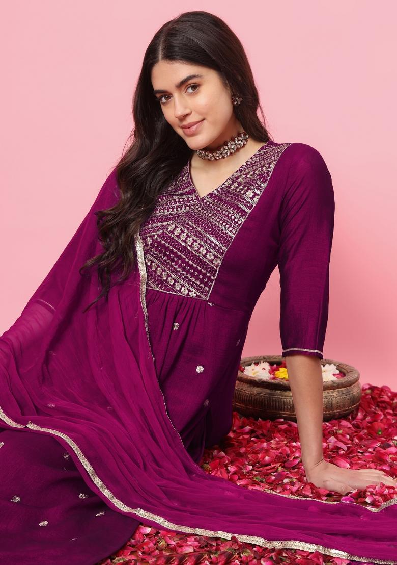 Purple Embroidered Silk Blend Salwar Kameez With Dupatta