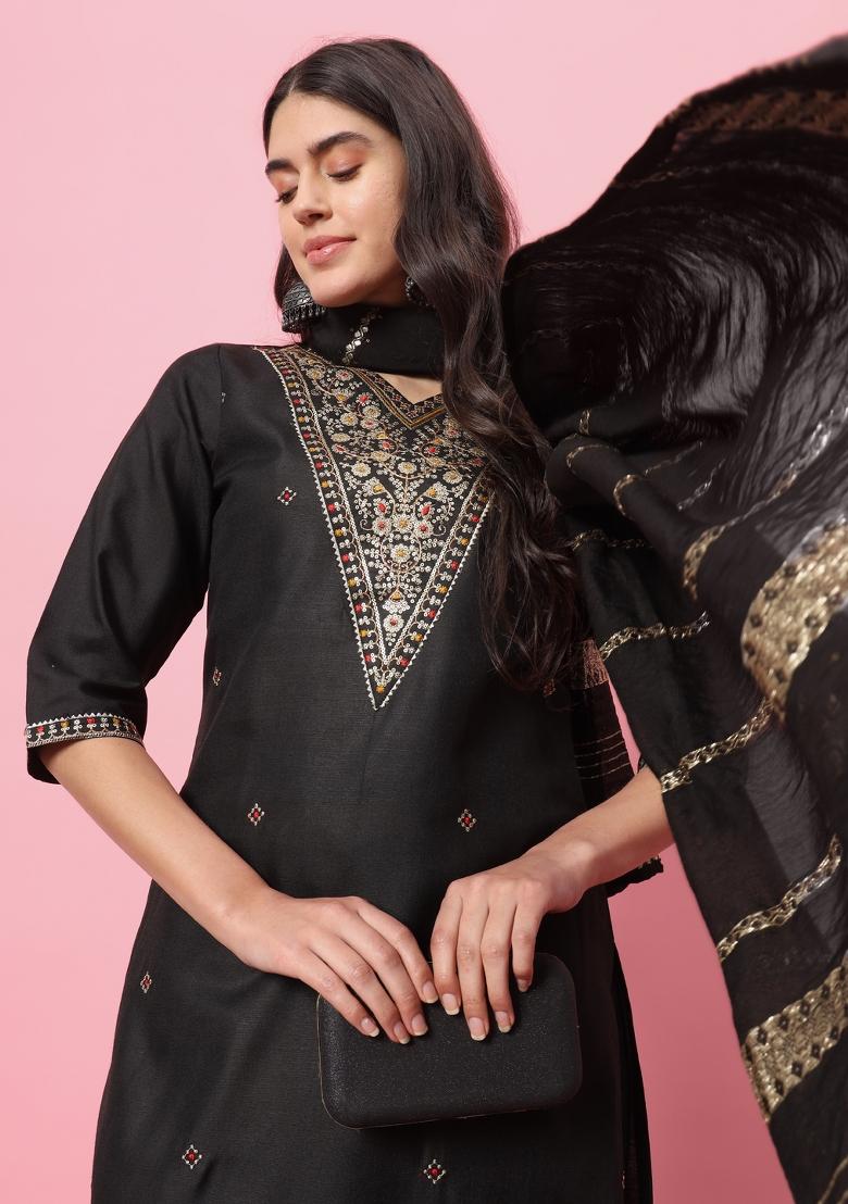 Black Embroidered Cotton Blend Salwar Kameez With Dupatta
