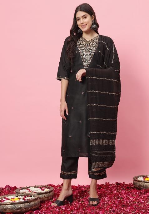 Black Embroidered Cotton Blend Salwar Kameez With Dupatta