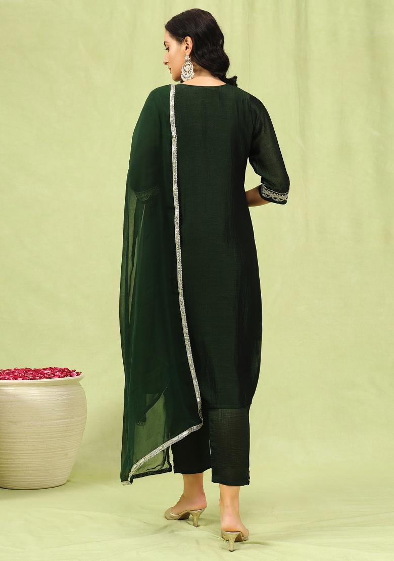 Green Embroidered Silk Blend Salwar Kameez With Dupatta