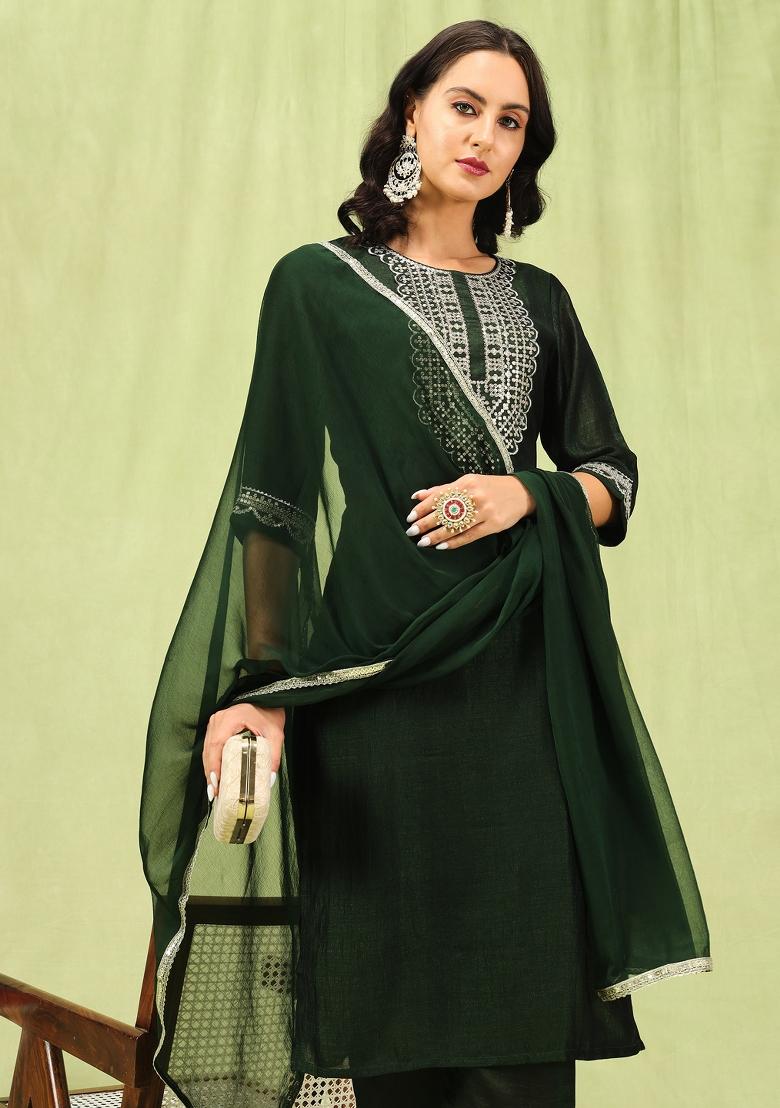 Green Embroidered Silk Blend Salwar Kameez With Dupatta