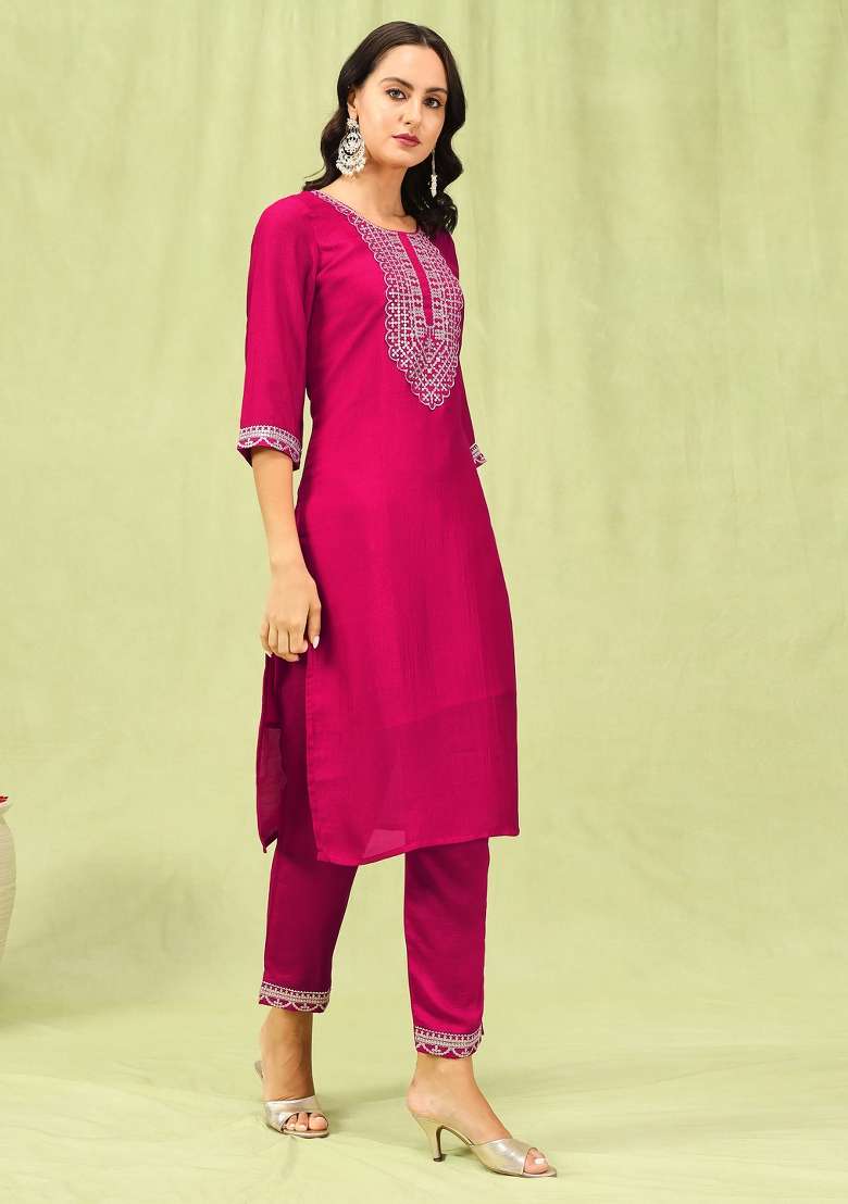 Pink Embroidered Silk Blend Salwar Kameez With Dupatta - Indya