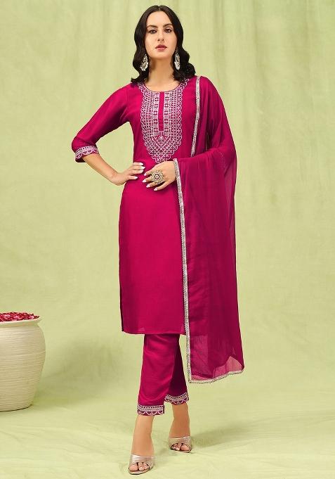 Pink Embroidered Silk Blend Salwar Kameez With Dupatta