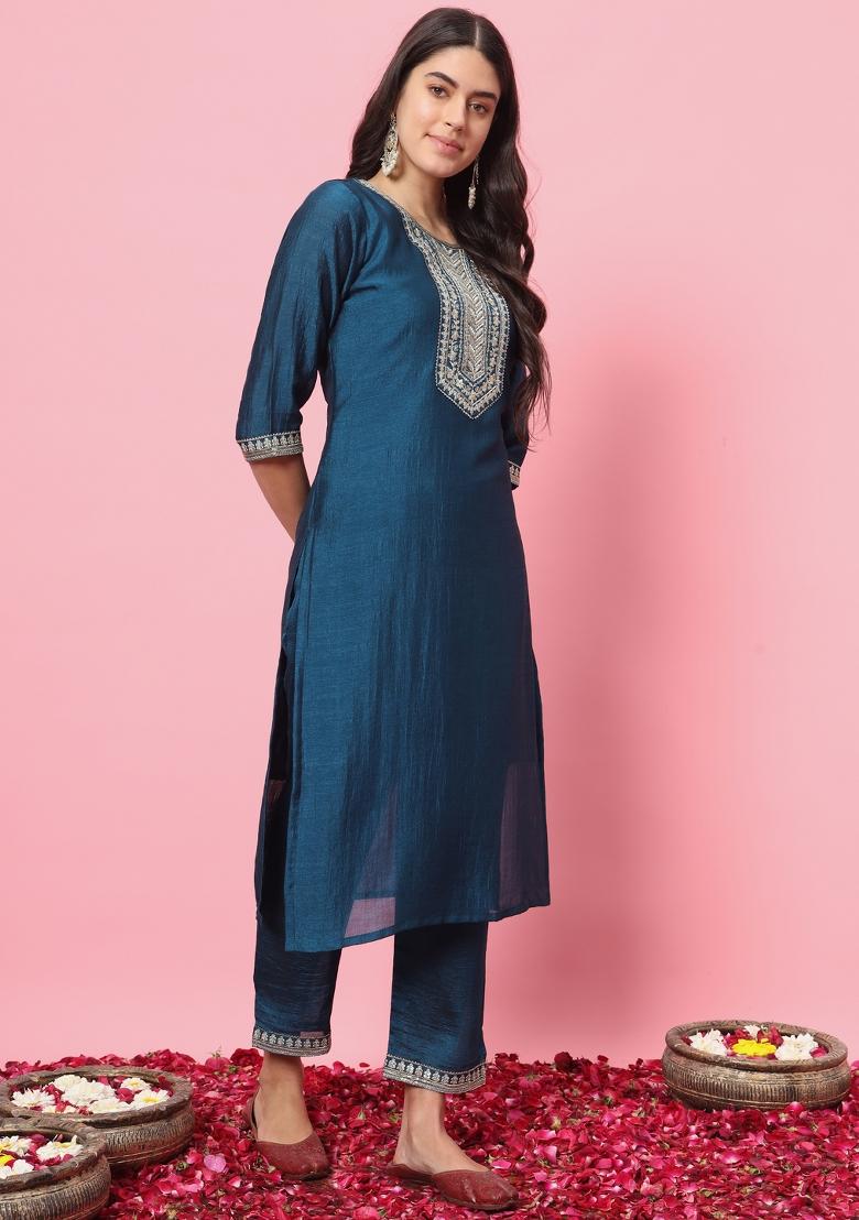 Teal Blue Embroidered Silk Blend Salwar Kameez With Dupatta