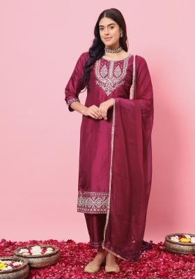 Cherry Red Embroidered Silk Blend Salwar Kameez With Dupatta