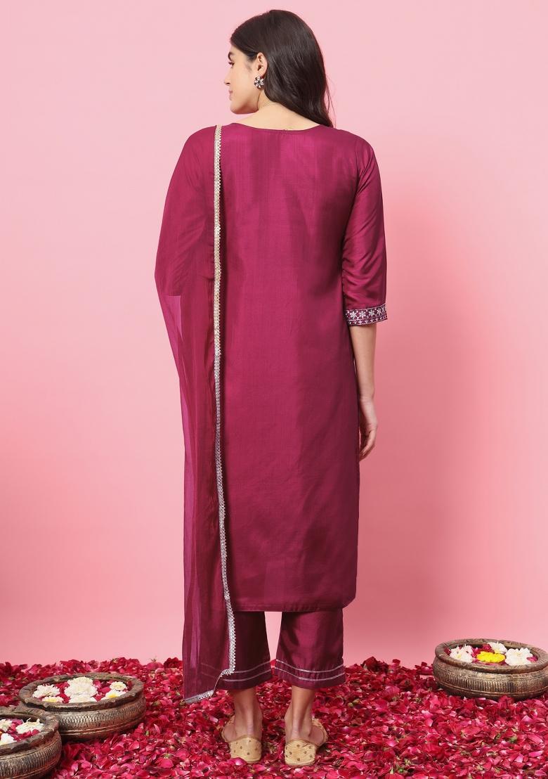 Cherry Red Embroidered Silk Blend Salwar Kameez With Dupatta