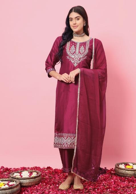 Cherry Red Embroidered Silk Blend Salwar Kameez With Dupatta