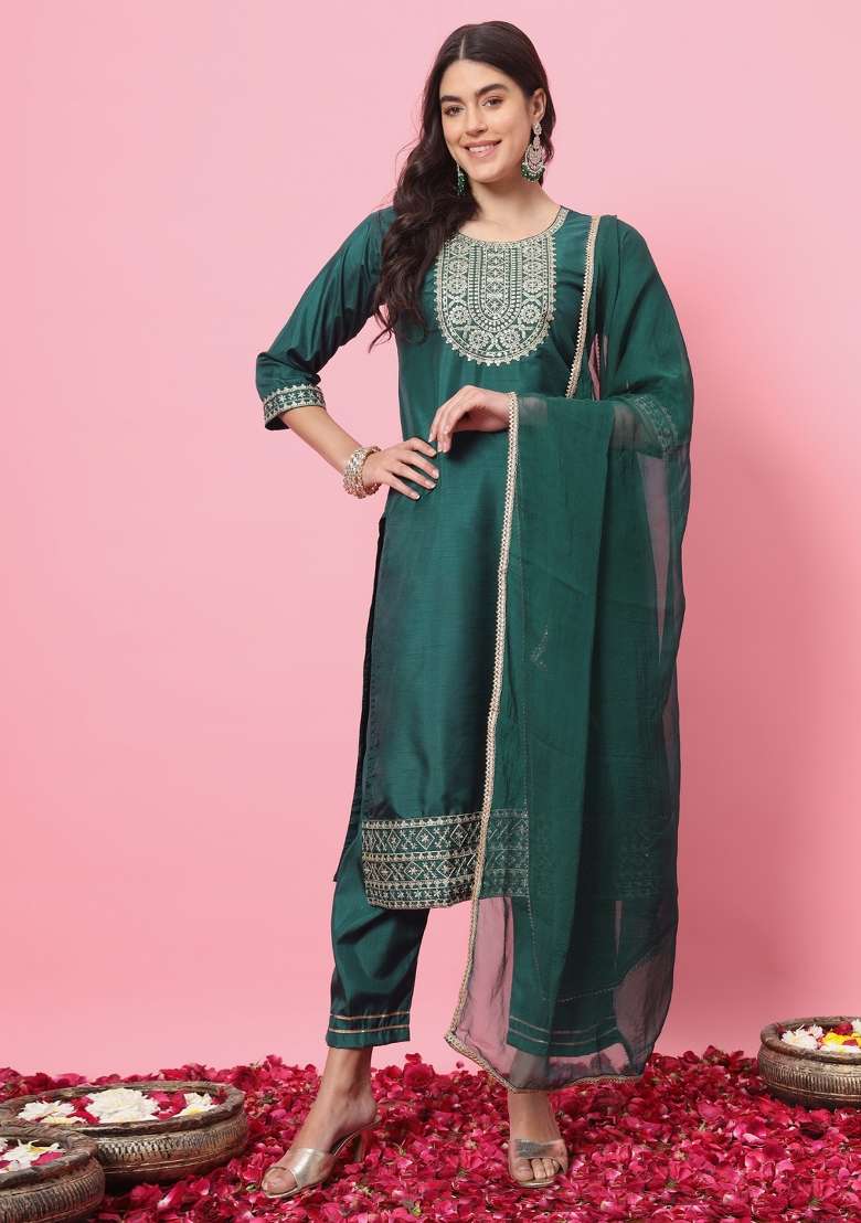 Green Embroidered Blended Straight Kurta Set - Indya