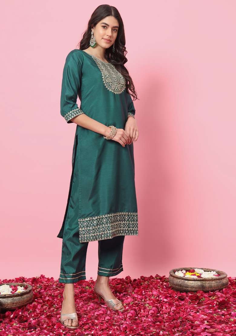 Green Embroidered Blended Straight Kurta Set - Indya
