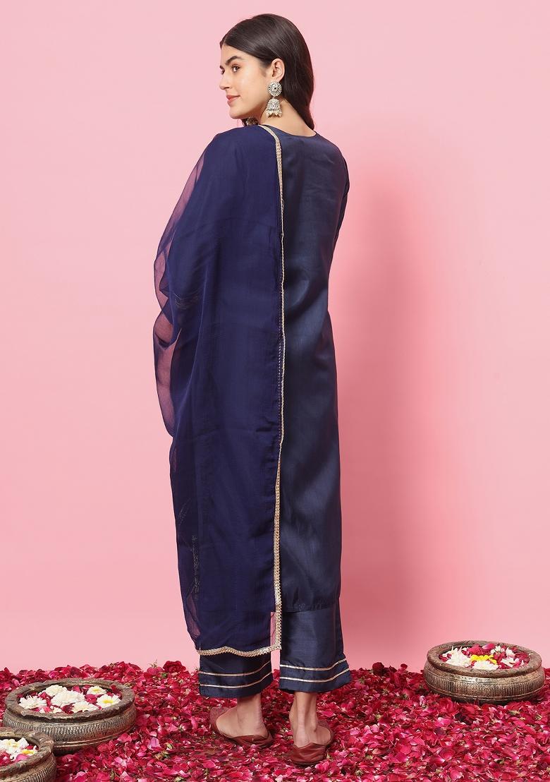 Navy Blue Embroidered Silk Blend Salwar Kameez With Dupatta