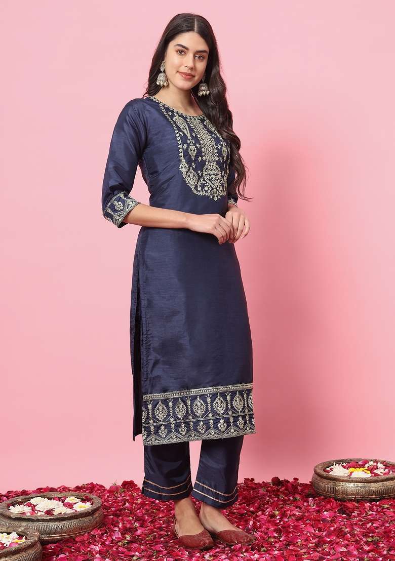 Navy Blue Embroidered Silk Blend Straight Kurta Set - Indya
