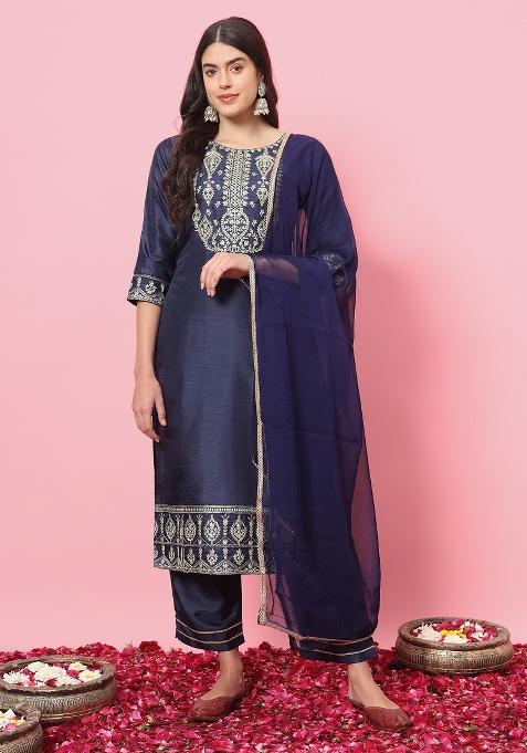 Navy Blue Embroidered Silk Blend Salwar Kameez With Dupatta