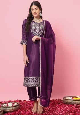 Purple Embroidered Silk Blend Salwar Kameez With Dupatta