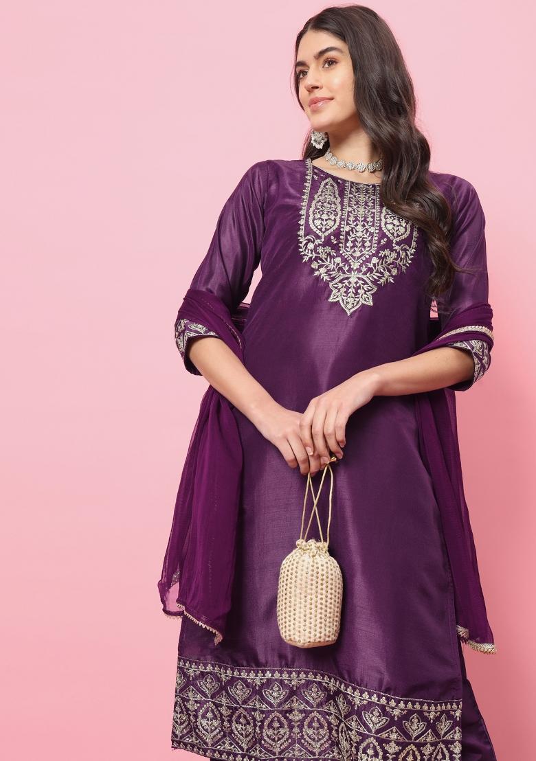 Purple Embroidered Silk Blend Salwar Kameez With Dupatta