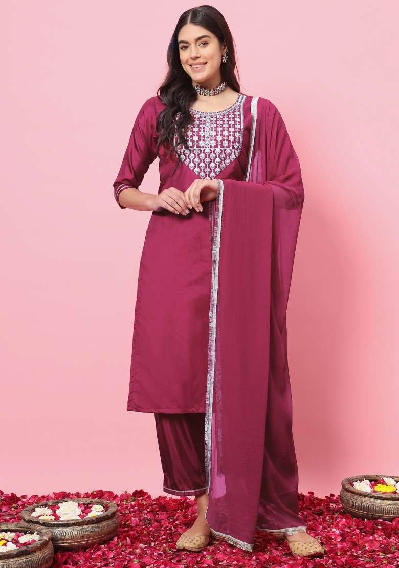 Cherry Red Embroidered Silk Blend Straight Kurta Set - Indya