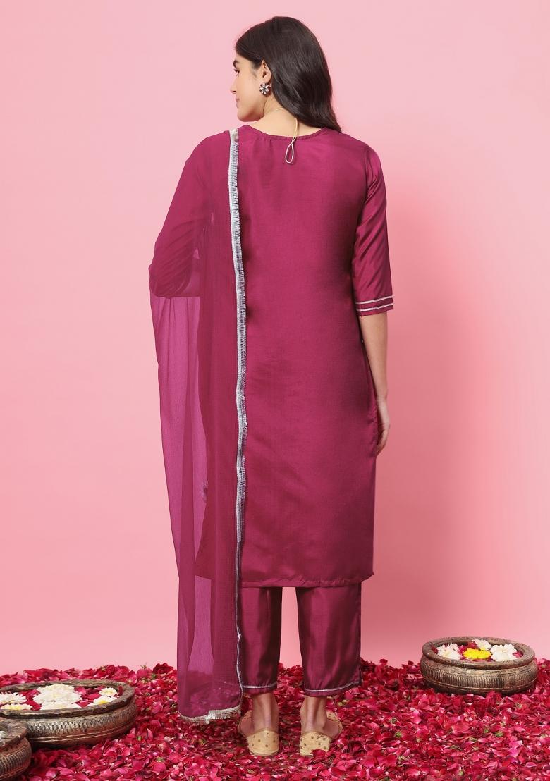 Cherry Red Embroidered Silk Blend Salwar Kameez With Dupatta