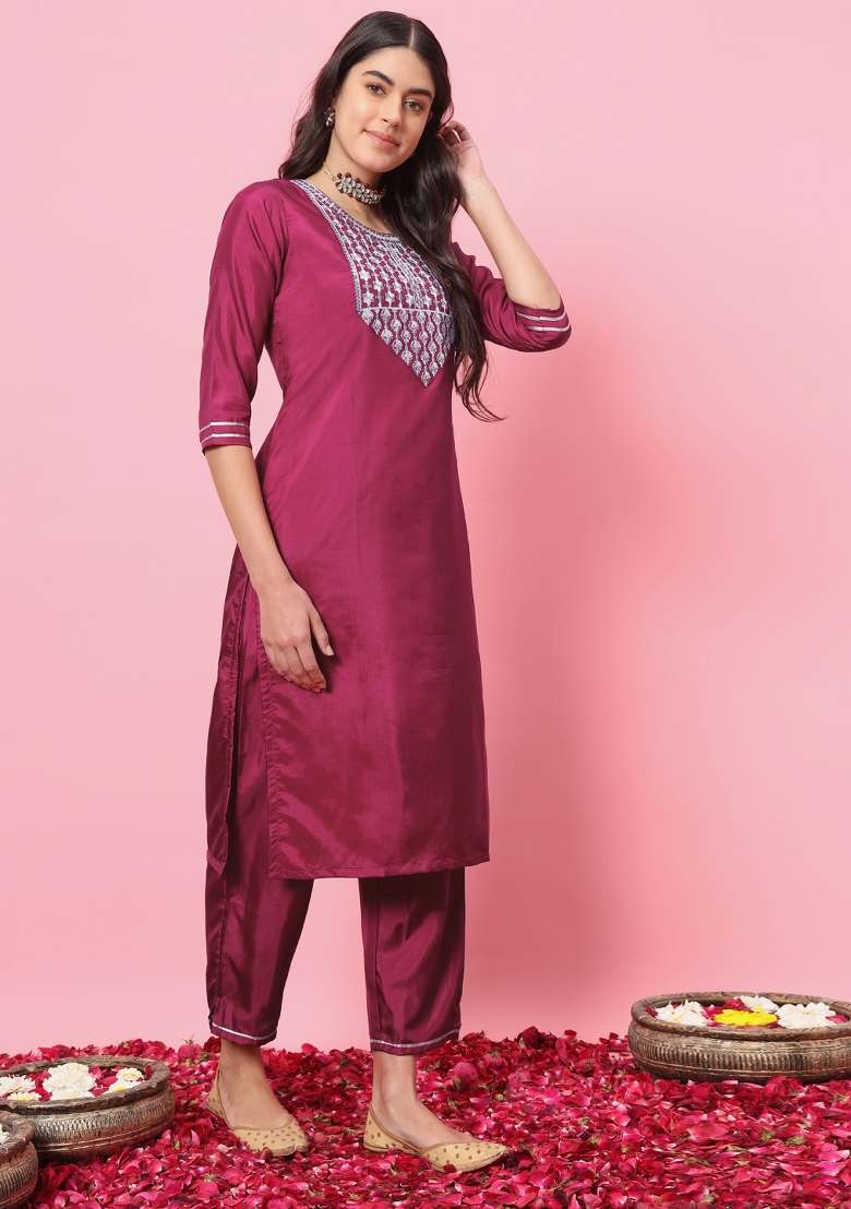 Cherry Red Embroidered Silk Blend Straight Kurta Set - Indya