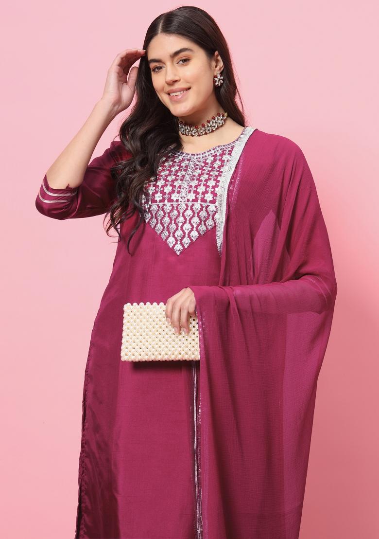 Cherry Red Embroidered Silk Blend Salwar Kameez With Dupatta