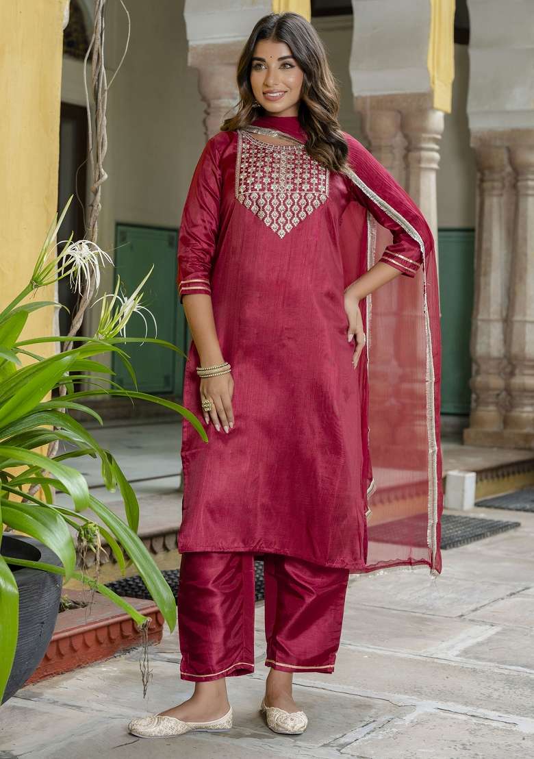 Cherry Red Embroidered Silk Blend Straight Kurta Set - Indya