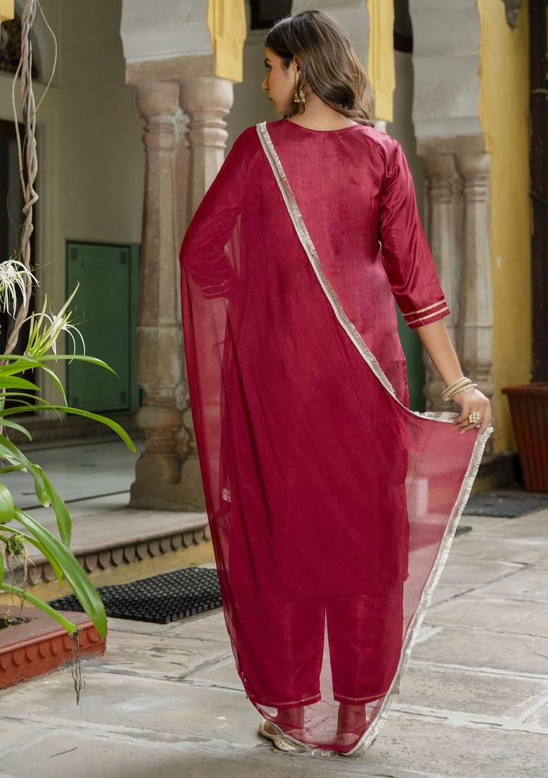 Cherry Red Embroidered Silk Blend Salwar Kameez With Dupatta