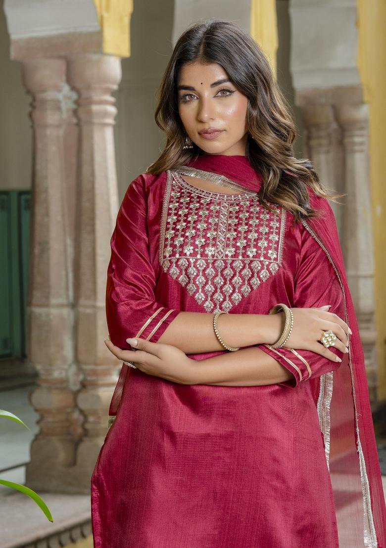 Cherry Red Embroidered Silk Blend Salwar Kameez With Dupatta