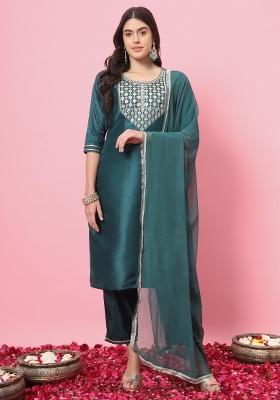 Green Embroidered Silk Blend Salwar Kameez With Dupatta