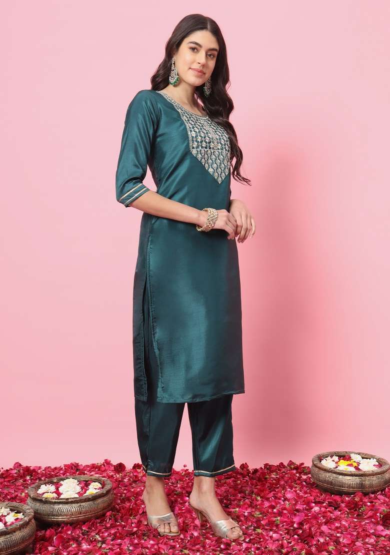 Green Embroidered Blended Straight Kurta Set - Indya