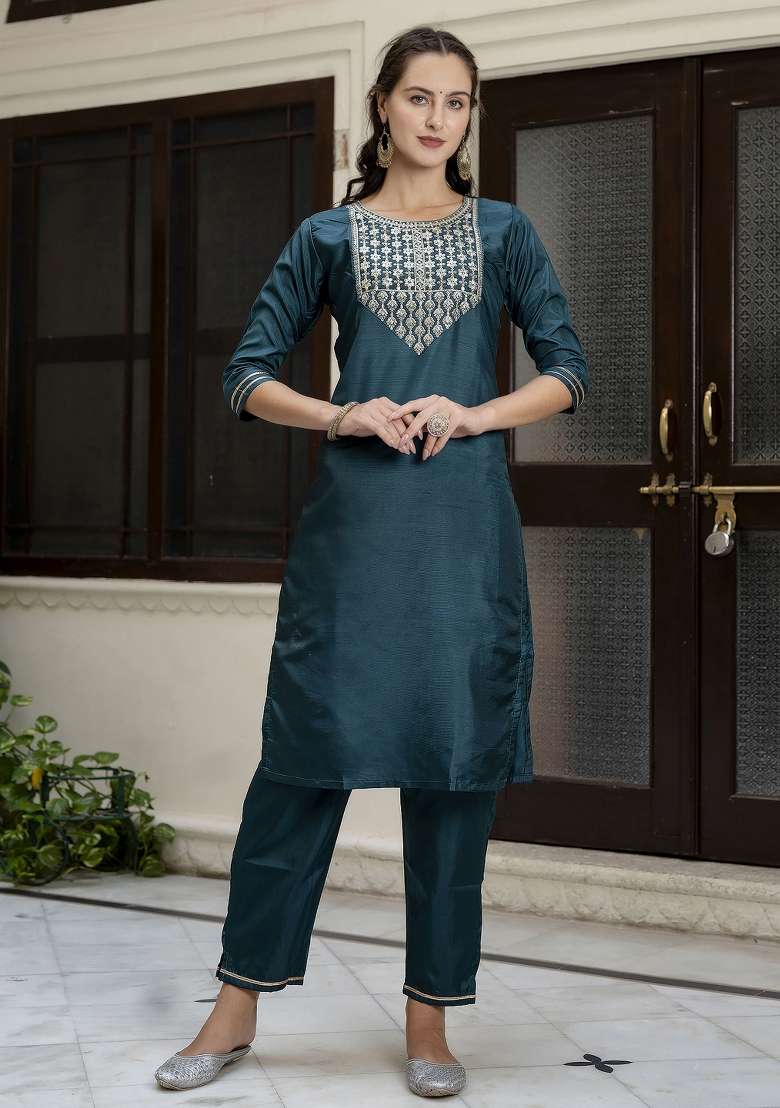 Green Embroidered Blended Straight Kurta Set - Indya