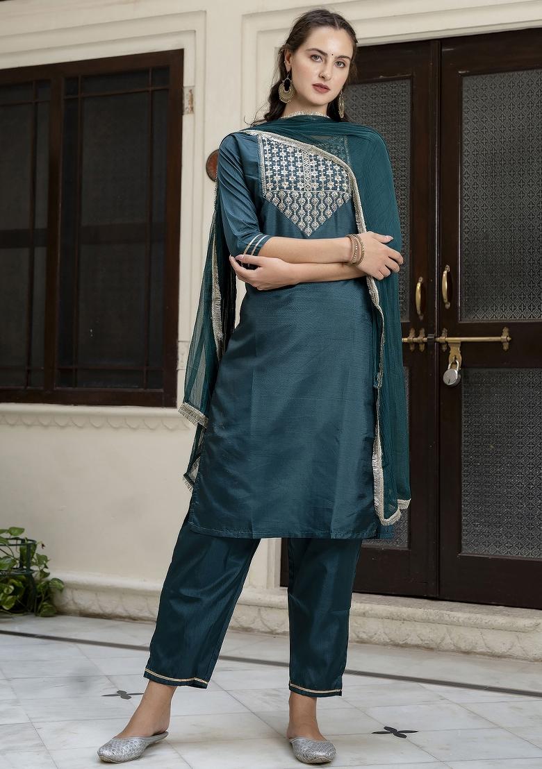 Green Embroidered Silk Blend Salwar Kameez With Dupatta