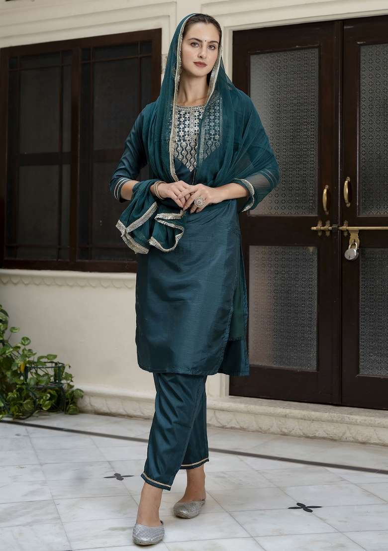 Green Embroidered Blended Straight Kurta Set - Indya