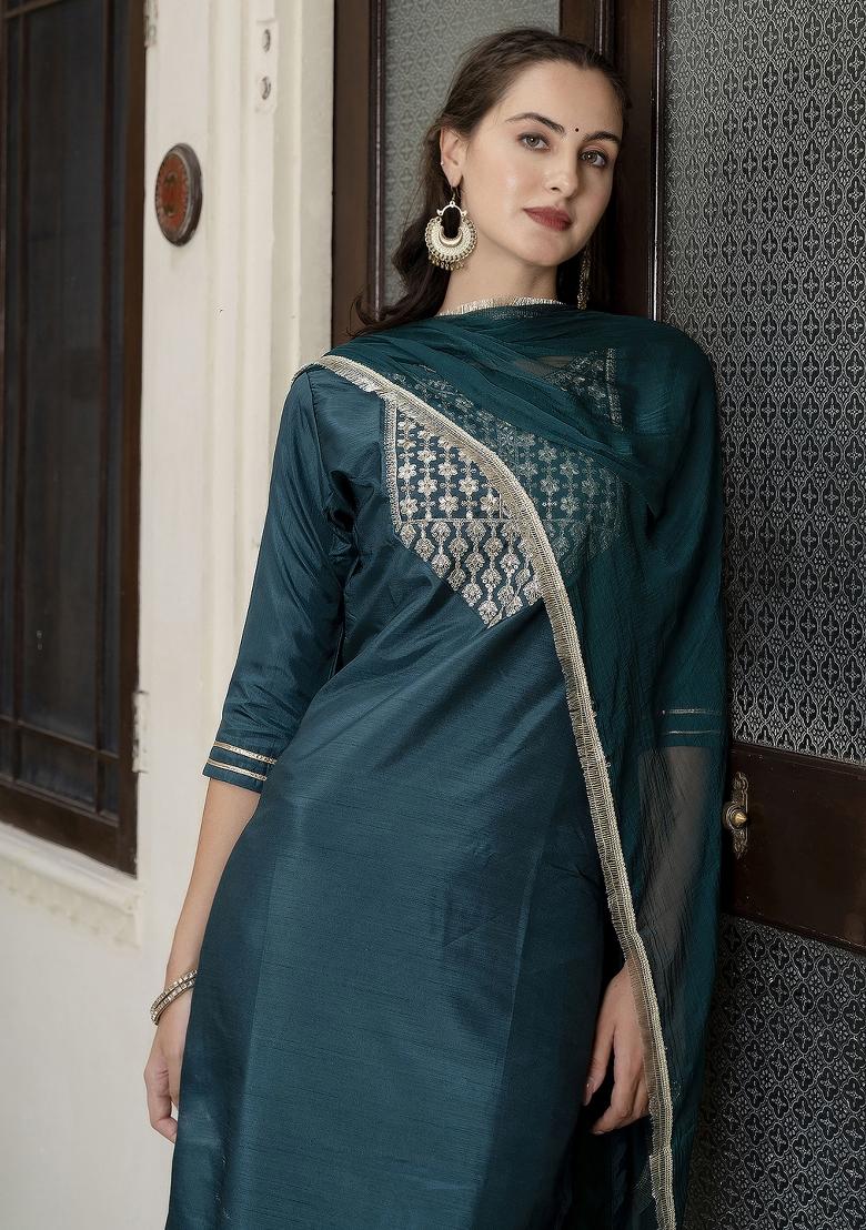 Green Embroidered Silk Blend Salwar Kameez With Dupatta