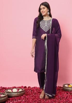 Purple Embroidered Silk Blend Salwar Kameez With Dupatta