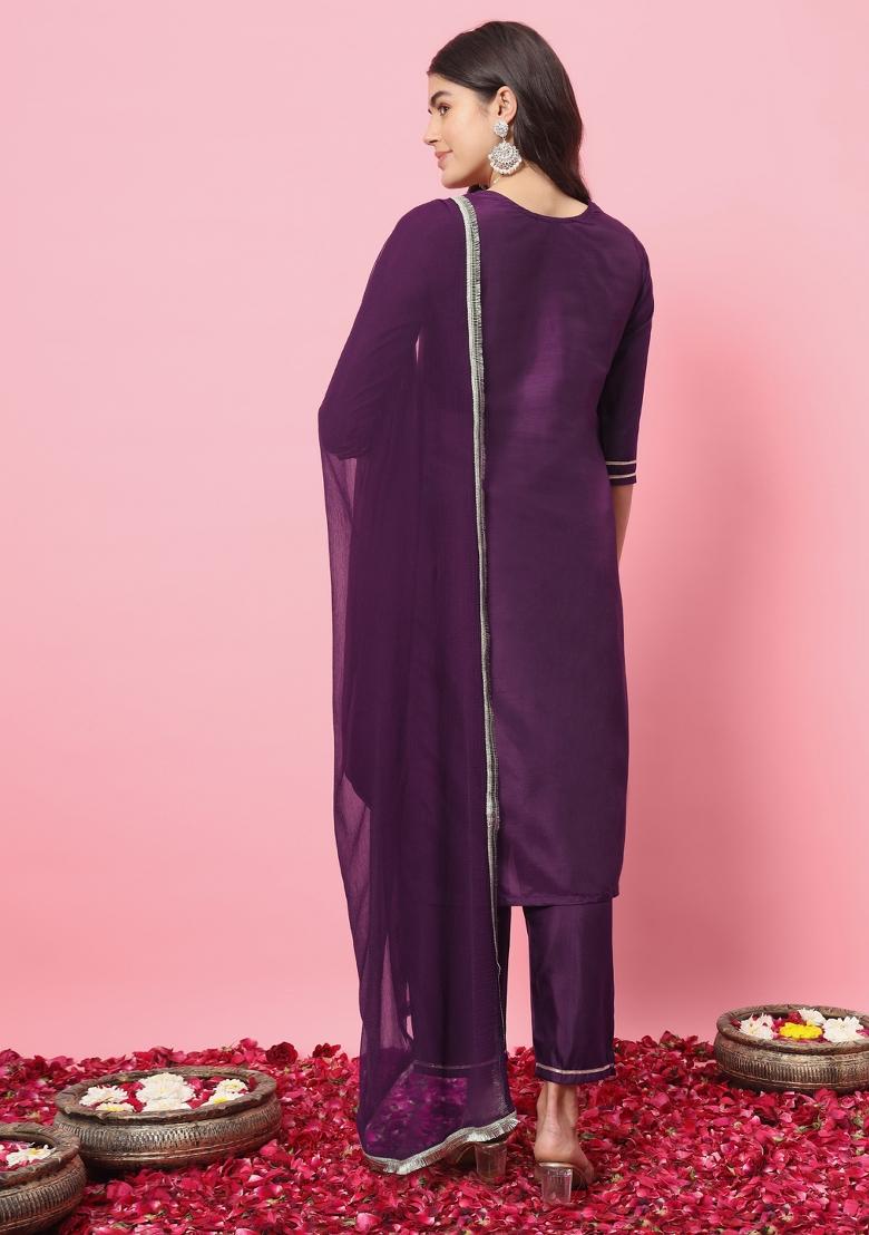Purple Embroidered Silk Blend Salwar Kameez With Dupatta