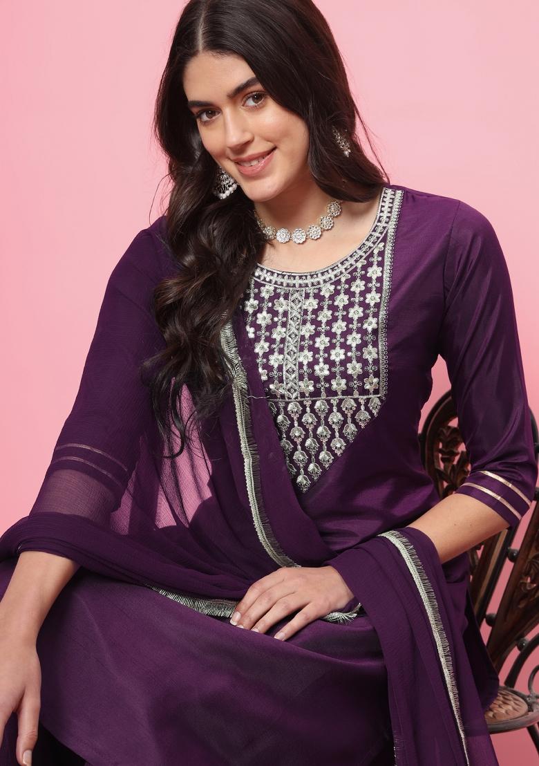 Purple Embroidered Silk Blend Salwar Kameez With Dupatta