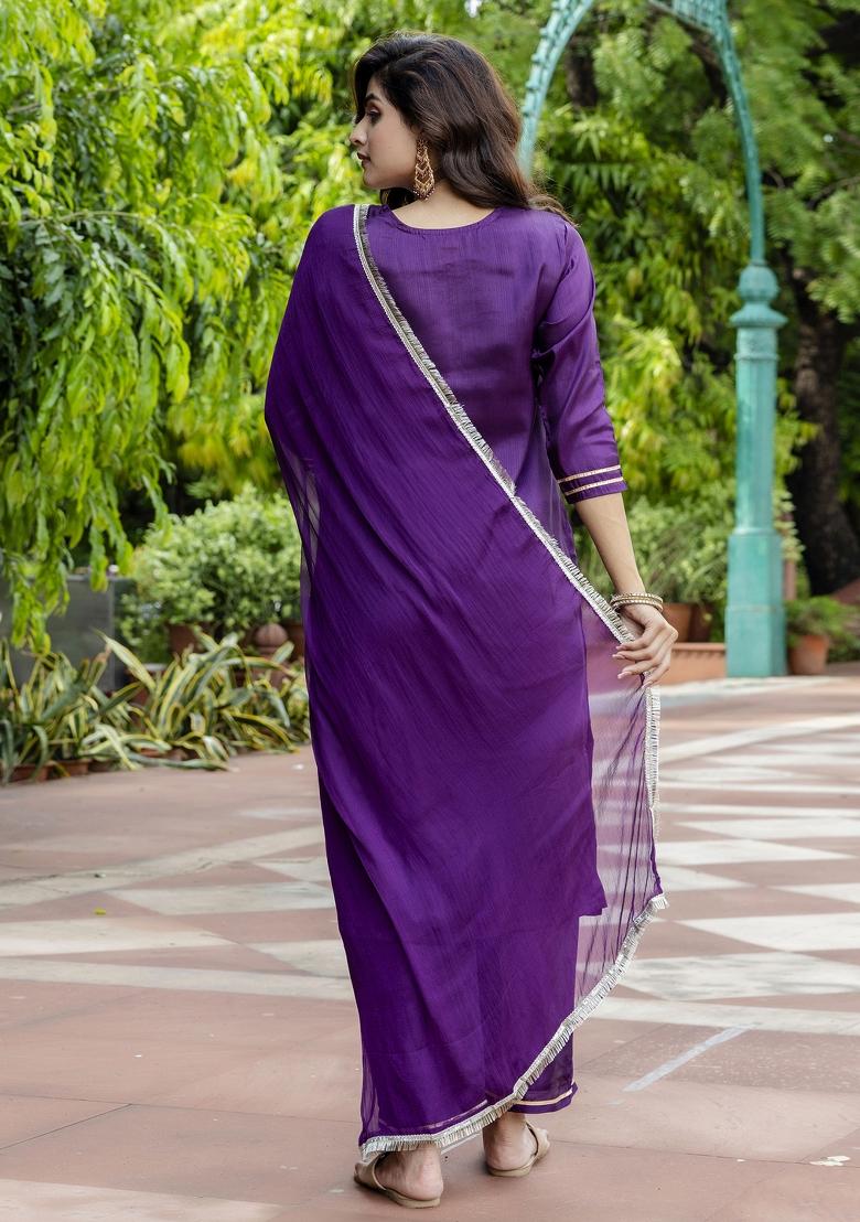 Purple Embroidered Silk Blend Salwar Kameez With Dupatta
