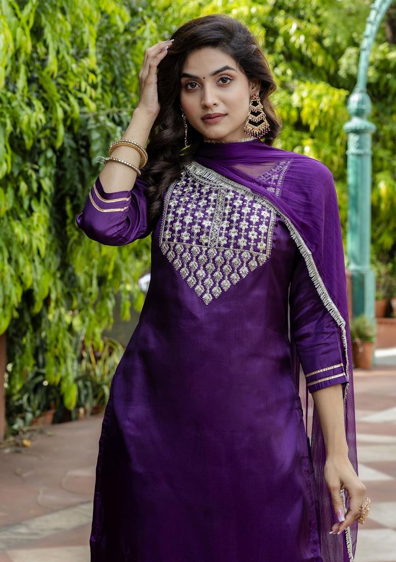 Purple Embroidered Silk Blend Salwar Kameez With Dupatta