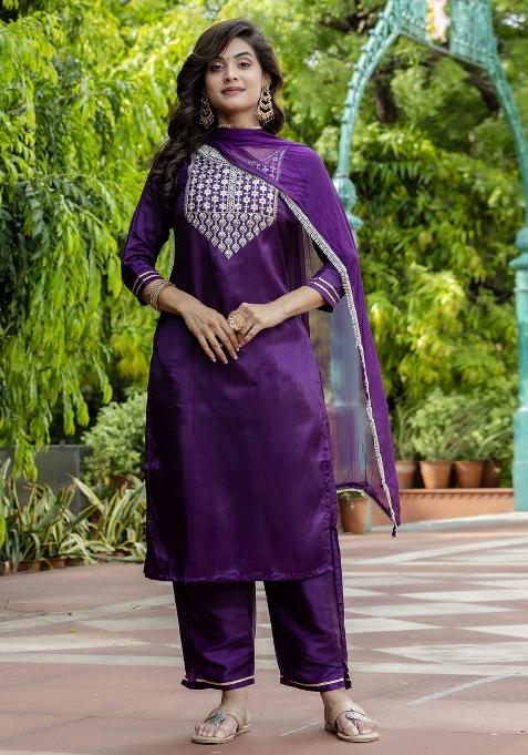Purple Embroidered Silk Blend Salwar Kameez With Dupatta