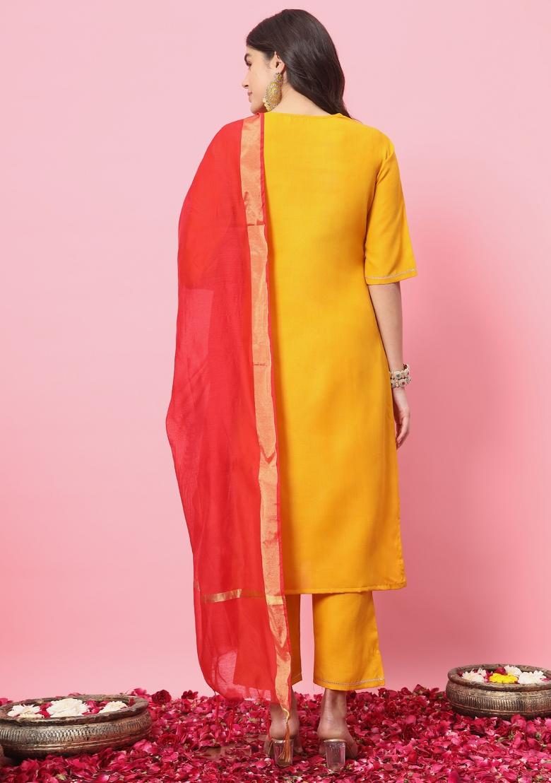 Yellow Embroidered Cotton Blend Salwar Kameez With Dupatta