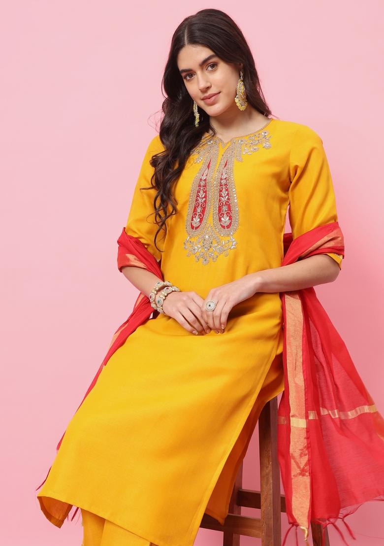 Yellow Embroidered Cotton Blend Salwar Kameez With Dupatta