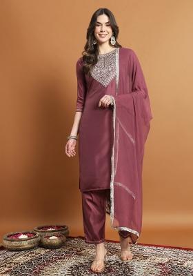 Magenta Embroidered Silk Blend Salwar Kameez With Dupatta