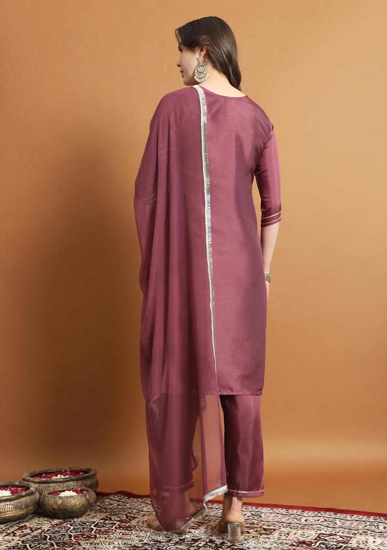 Magenta Embroidered Silk Blend Salwar Kameez With Dupatta