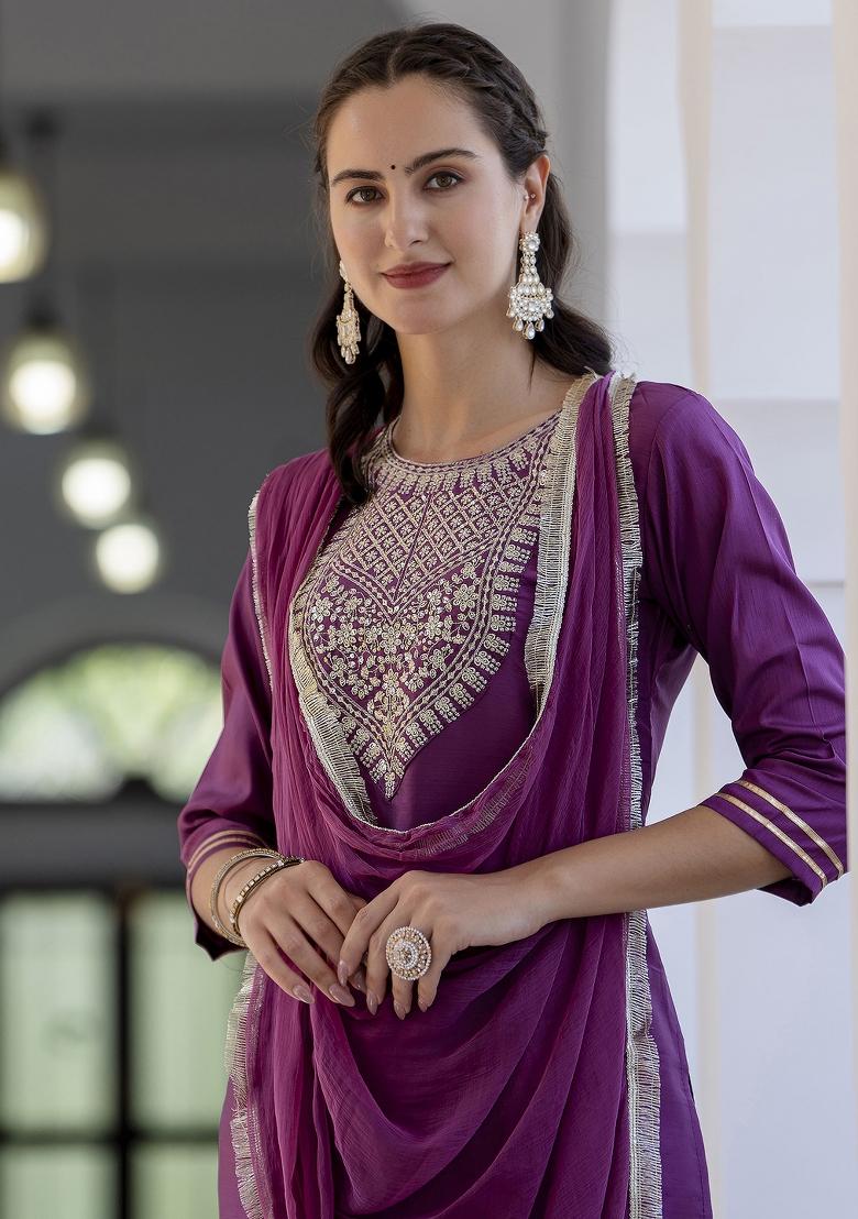 Magenta Embroidered Silk Blend Salwar Kameez With Dupatta